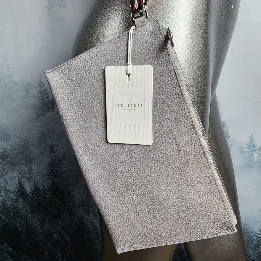 NWT Ted Baker London Pebble Leather Gray Clutch / Chain Crossbody